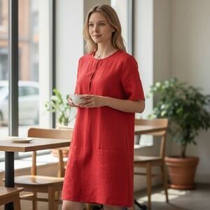 Emerson Fry Dress Womens Medium Red Linen Shift Short Sleeve Keyhole Made in USA